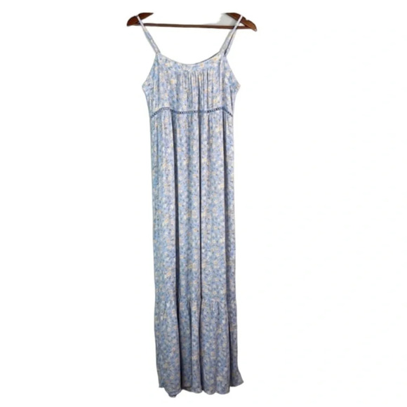 WILD SKYE Tiered Floral Maxi Dress Blue Spaghetti Strap Plisse Milkmaid S - Picture 2 of 12